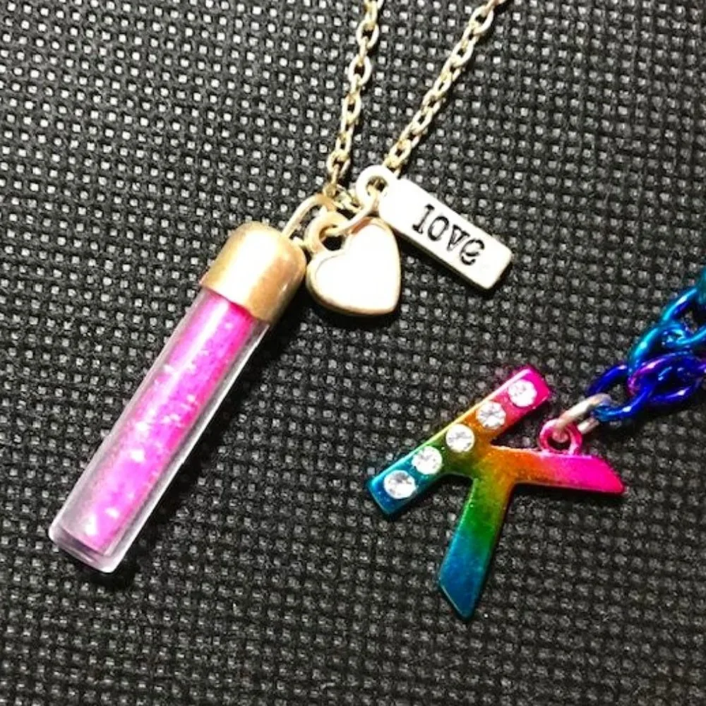 Justice Love Pink Sparkle Sand Cylinder & Rhinestone Rainbow K Bracelet Set